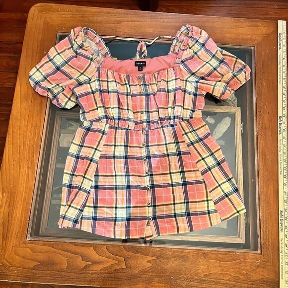 Torrid Size 0 Peach Yellow Checkered Fit & Flare Buttons Adorable - Picture 1 of 13
